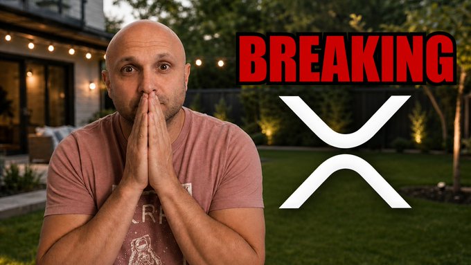 A bald man with a shocked expression holds his hands over his mouth beside bold "BREAKING" text and the XRP logo, visually amplifying the surprising news of 1.4M RLUSD being minted on the XRPL in under an hour.