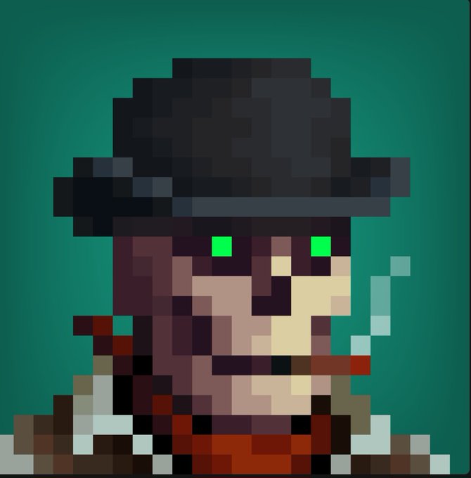 Pixel art portrait of a character with a black wide-brimmed hat, glowing green eyes, and a red scarf, smoking a cigarette against a teal background.