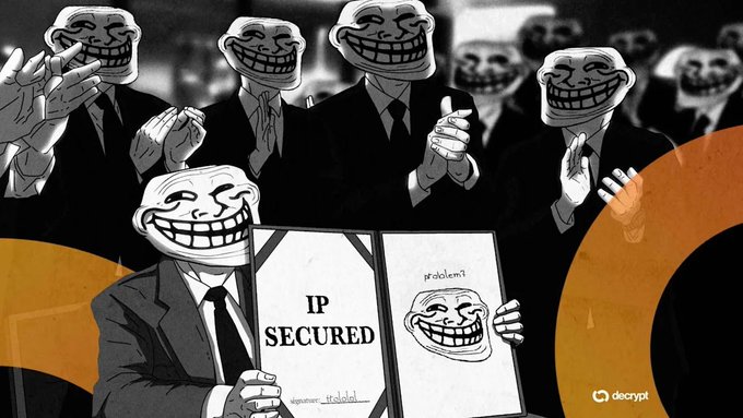 An illustration by Decrypt shows figures wearing Trollface masks applauding as one holds up a folder labeled "IP SECURED" with a "Problems?" document inside, symbolizing the official ownership and intellectual property protection of the classic Troll meme character now being associated with the $TROLL token and Coinbase listing.