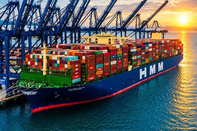 A massive HMM (Hyundai Merchant Marine) container ship docked at a port, loaded with colorful shipping containers, with large blue cranes overhead and a sunset over the water in the background.