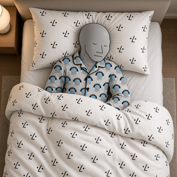 A 3D rendered image showing a grey mannequin-like figure sleeping in bed wearing pajamas and a panda-themed hood, with the bedding and pillows covered in sad face emojis.