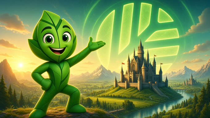 An animated illustration shows a cheerful green leaf character pointing toward a grand fantasy castle set in a scenic landscape with mountains, a river, and a glowing green circular logo in the sky.