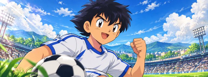 An anime-style illustration of a young boy with dark hair in a white and blue soccer uniform, clenching his fist in front of a soccer ball on a sunlit stadium field.