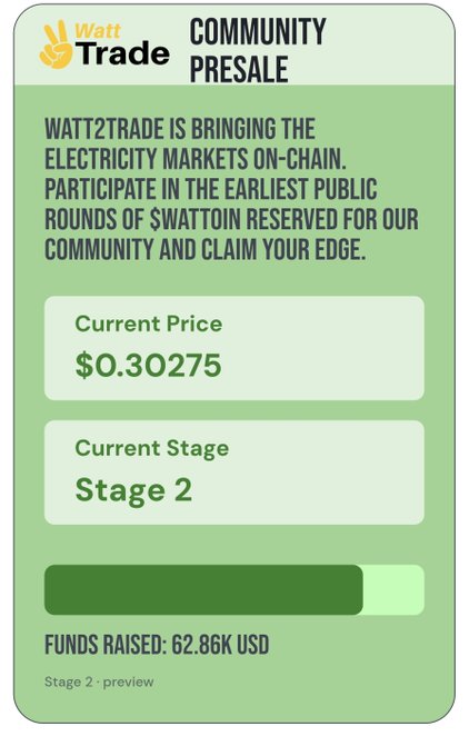 WattTrade Community Presale promotional graphic announcing the on-chain electricity markets presale, with a current price of $0.30275 at Stage 2, showing $62.86K USD raised.