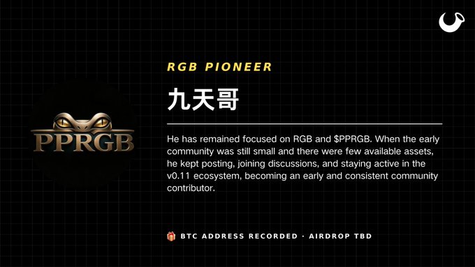 A digital badge or profile for 'PPRGB' features the title 'RGB PIONEER' and the name '九天哥', describing an early community contributor, with a note 'BTC ADDRESS RECORDED · AIRDROP TBD'.