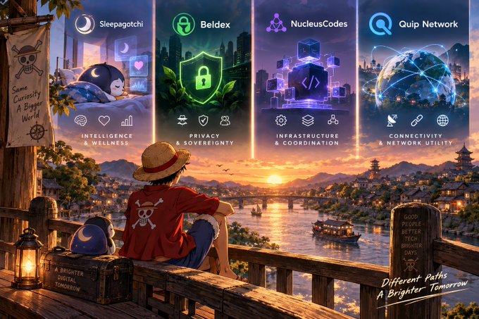An anime-style illustration featuring a character with a straw hat sitting on a wooden platform overlooking a city at sunset, with four project banners: Sleepagotchi (Intelligence & Wellness), Beldex (Privacy & Sovereignty), NucleusCodes (Infrastructure & Coordination), and Quip Network (Connectivity & Network Utility).
