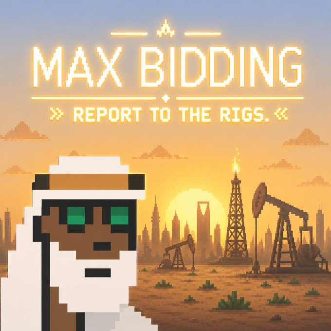A pixel art style graphic featuring the text 'MAX BIDDING » REPORT TO THE RIGS. «' with an animated character wearing sunglasses and headwear beside an oil field and city skyline at sunset.