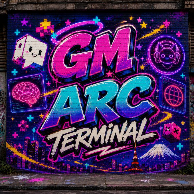 The image features a colorful mural of GM Terminal written in pink and blue letters against a dark background with neon lights. The text "GM GM" is prominently displayed, indicating that the mural represents the company GM Terminal. The surrounding area appears to be a street or sidewalk, as there are buildings visible behind the mural.