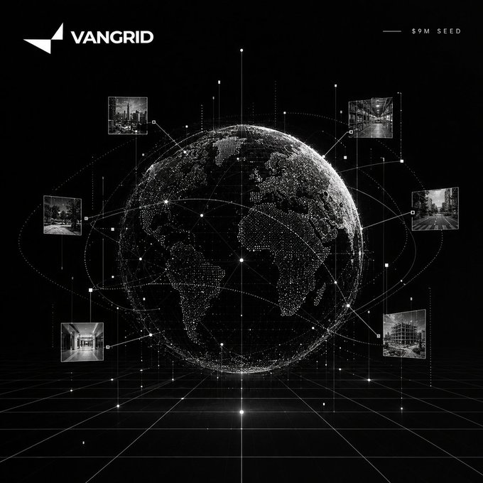 The image shows a black-and-white digital rendering of a wireframe globe surrounded by interconnected cityscape and architectural images, with the "VANGRID" logo in the top-left and "$9M SEED" labeled in the top-right. The visualization's global reach and connectivity reinforces the post's message about Vangrid's $9M seed funding from major international crypto investors, emphasizing that their story extends beyond just the funding itself to a worldwide network.