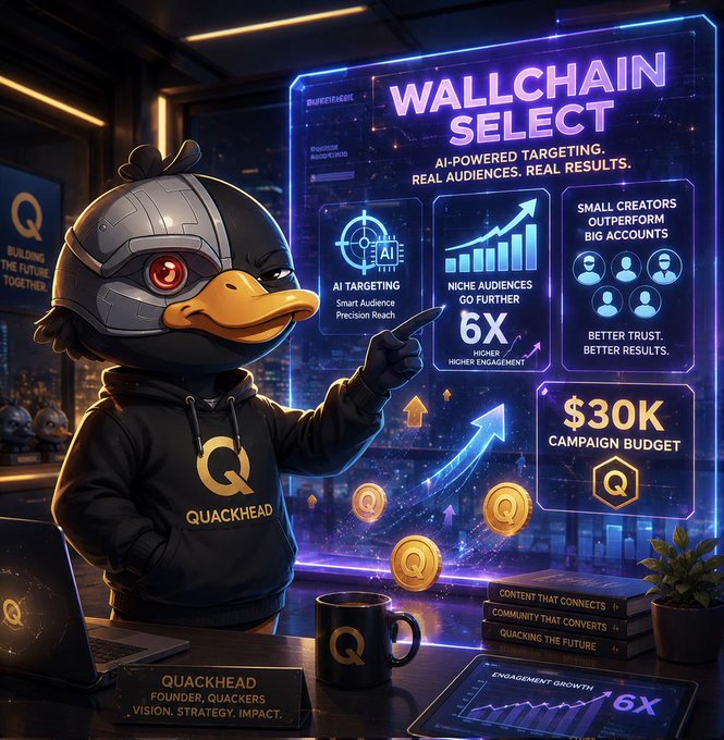 The image features a cartoon duck wearing a black hoodie with "Quackers" written across its chest, standing at a desk surrounded by various objects such as books, a laptop, and a cup of coffee. The duck appears to be pointing towards a computer screen displaying information about Wallchain Select, which is an AI-automated targeting system designed for creator campaigns that focus on real audiences instead of just big follower counts. The post also mentions the "focus on what is in the image" and how it relates to the content being shared.