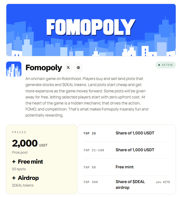 Promotional graphic for “FOMOPOLY,” described as an onchain game on Robinhood where players buy and sell land plots for stocks and $DEAL tokens. A prize panel lists a 2,000 USDT prize pool, free mint spots, $DEAL airdrop, and rankings including “TOP 20 Share of 1,000 USDT,” “TOP 21–100 Share of 1,000 USDT,” “TOP 50 Free mint,” and “TOP 300 Share of $DEAL airdrop.”