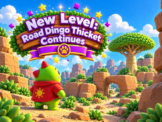 A colorful game illustration featuring a green character with red horns in a desert landscape, displaying the title 'New Level: Road Dingo Thicket Continues' on a banner.