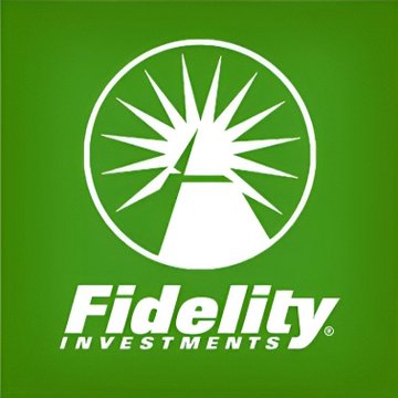 The Fidelity Investments logo displayed on a green background, featuring a white circular emblem with a stylized building and radiating sunburst design above the brand name.