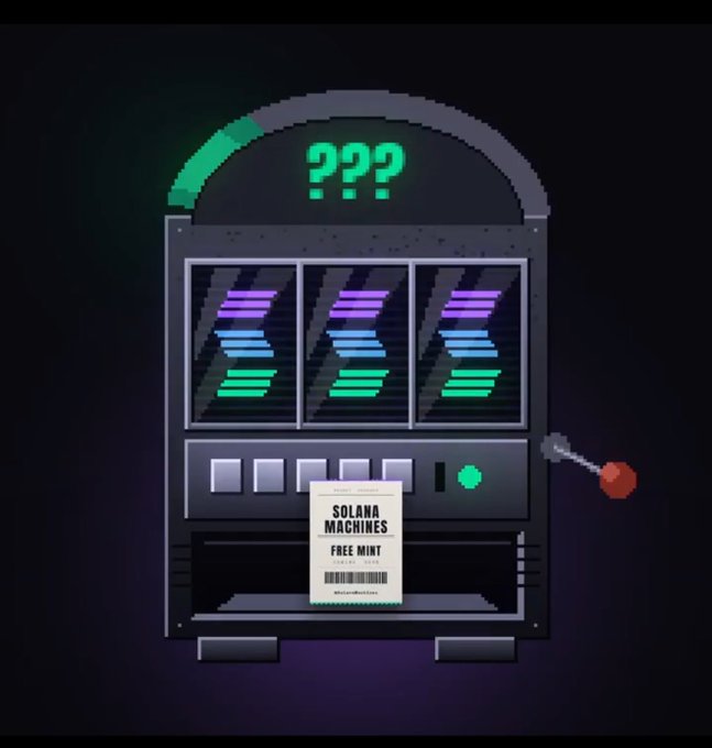 A stylized pixel art illustration of a slot machine with "??" on top, three spinning reels, and a receipt labeled "SOLANA MACHINES - FREE MINT" hangs from it, visually promoting the free mint giveaway for the Solana Machines NFT collection with a 3,333 supply on the SOL chain.