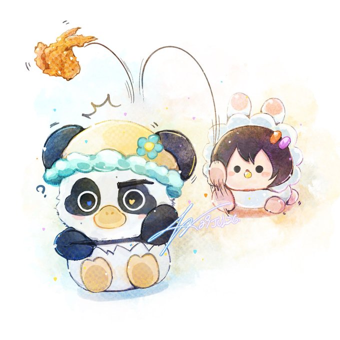 A watercolor-style illustration of a sad-looking cow mascot in a blue flower hat as a piece of fried shrimp flies overhead, while a small girl in a sheep hood observes.