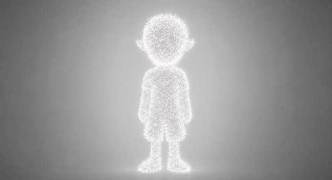 A glowing, wireframe-style digital rendering of a small humanoid figure standing against a plain gray background.