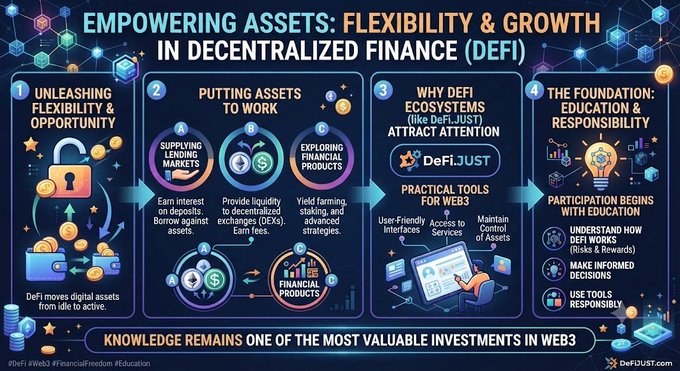 An infographic titled 'Empowering Assets: Flexibility & Growth in Decentralized Finance (DeFi)' from DeFi.Just, outlining four steps: unleashing flexibility, putting assets to work, why DeFi ecosystems attract attention, and the foundation of education and responsibility.
