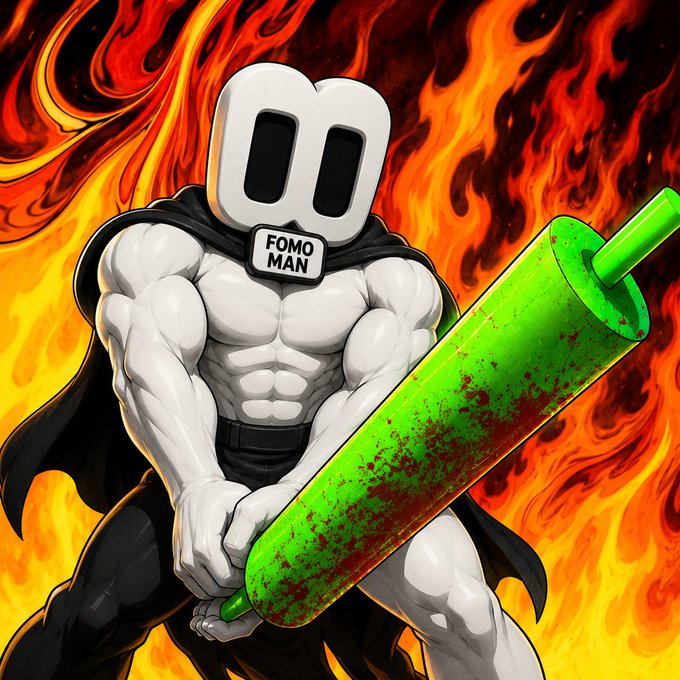A muscular cartoon character wearing a blocky white mask labeled 'FOMO MAN' and a cape, wielding a large green cylindrical object against a backdrop of orange flames.