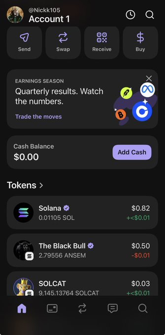 A screenshot of a crypto wallet app (Account 1, @Nickk105) showing a $0.00 cash balance and token holdings including Solana ($0.82), The Black Bull ($0.50), and SOLCAT ($0.03), with navigation icons for Send, Swap, Receive, and Buy.