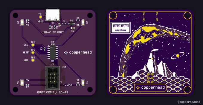 Two views of a purple circuit board labeled "copperhead" are shown: the front displays components and labels like "USB-C 5V ONLY" and "QUIET ORBIT / QO-R1", while the back features an artistic design with mountains, stars, and the text "आकाशगंगा" (Akashaganga).