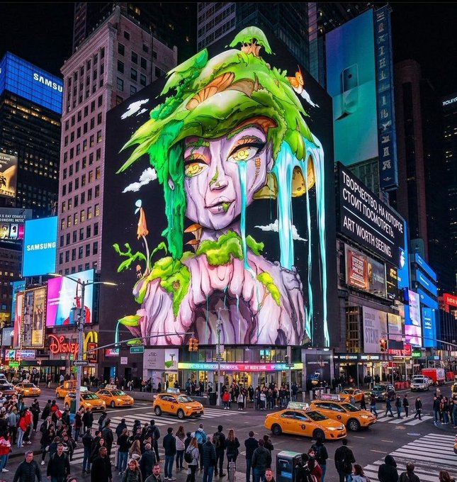 A vibrant nighttime scene of Times Square in New York City featuring a massive digital billboard displaying a green-haired crying mermaid-like figure, surrounded by yellow taxis and pedestrians.