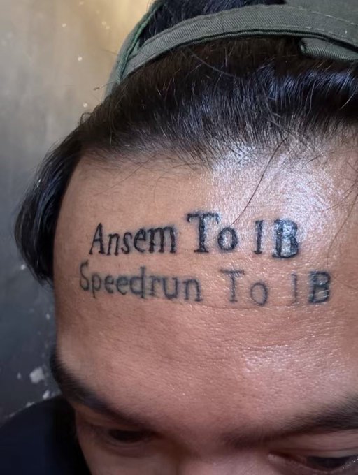Close-up photo of a person's forehead tattooed with the lines 'Ansem To 1B' and 'Speedrun To 1B'.