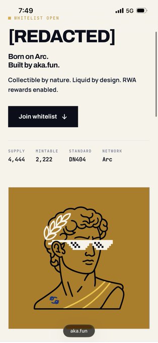 A mobile webpage for a redacted NFT collection on the Arc network by aka.fun, displaying a supply of 4,444 with 2,222 mintable (DN404 standard) and featuring a stylized classical bust with pixelated shutter-shade sunglasses and a laurel wreath.