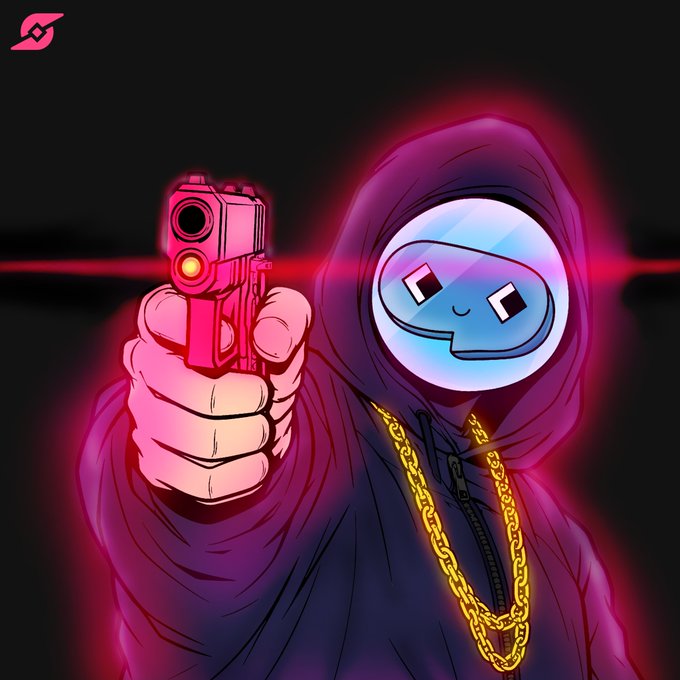 An illustration of a hooded character with a stylized face wearing a gold chain, pointing a glowing pink handgun at the viewer, with a pink logo in the top-left corner.