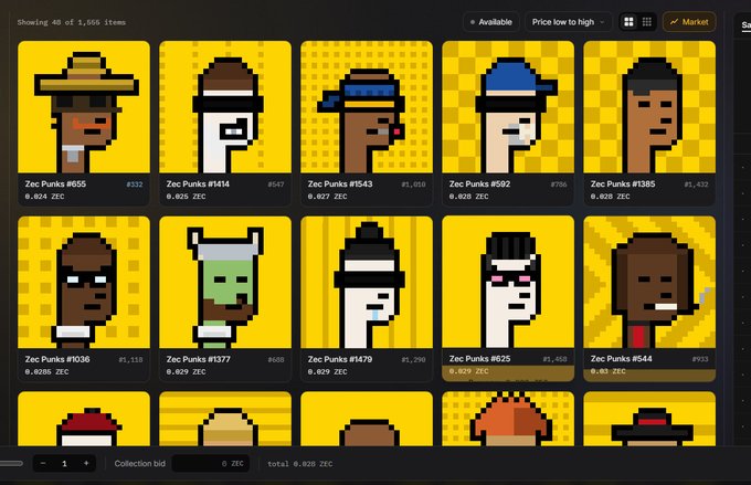 NFT marketplace listing displaying 40 of 1,556 'Zec Punks' items, showing pixel-art character avatars with ZEC prices ranging from 0.025 to 0.04 ZEC, with a total of 6.026 ZEC.