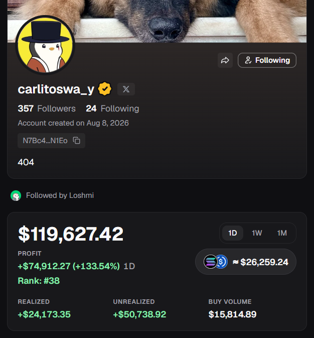 A social media profile for 'carlitoswa_y' (357 followers, account created Aug 8, 2026) displays a dog sleeping as the banner, with a profit dashboard showing $119,627.42 total and +$74,912.27 (+133.54%) in 1D.