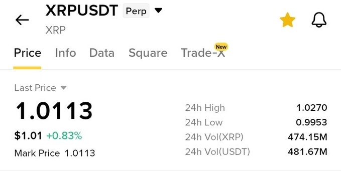 A cryptocurrency trading interface showing XRPUSDT Perpetual contract price at 1.0113 USDT (+0.83%), with 24h High of 1.0270, 24h Low of 0.9953, and trading volumes displayed.