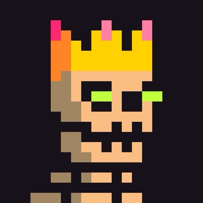 Pixel art illustration of a stylized skull wearing a yellow crown with pink jewels, featuring green glowing eyes on a dark background.