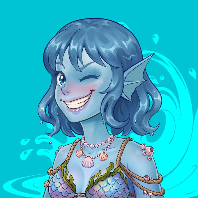 A blue-skinned mermaid with wavy hair, a winking expression, and shell-adorned attire smiles cheerfully against a turquoise aquatic background, perfectly capturing the "Tidalborne Degen" NFT collectible being given away in the #Enjin #MultiverseQuest post.