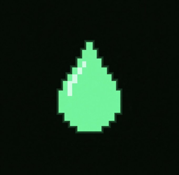 A pixel art teardrop-shaped green gem with a white highlight, set against a black background.