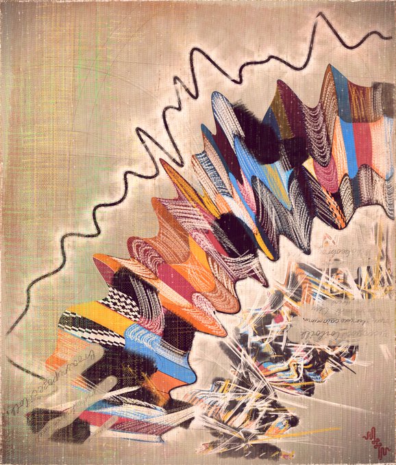 A painting features a diagonal series of colorful, wave-like amplitudes cascading across a canvas-textured background, visually echoing the post's reference to "amplitudes" and "canvas." A handwritten word resembling "amplitudes" is scrawled in the lower right, reinforcing the artwork's title.