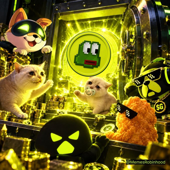 A vibrant meme featuring various cats dressed as characters with pixel art sunglasses, surrounded by gold coins and treasure, watermarked '@MemesRobinhood'.