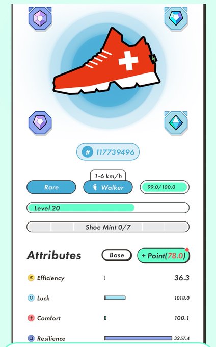 A digital sneaker collectible (NFT) called a "Walker" classified as Rare, Level 20, with 99.0/100.0 durability and 1177394946 in price/tokens, showing attributes like Efficiency 36.3, Luck 1018.0, Comfort 100.1, and Resilience 3257.4.