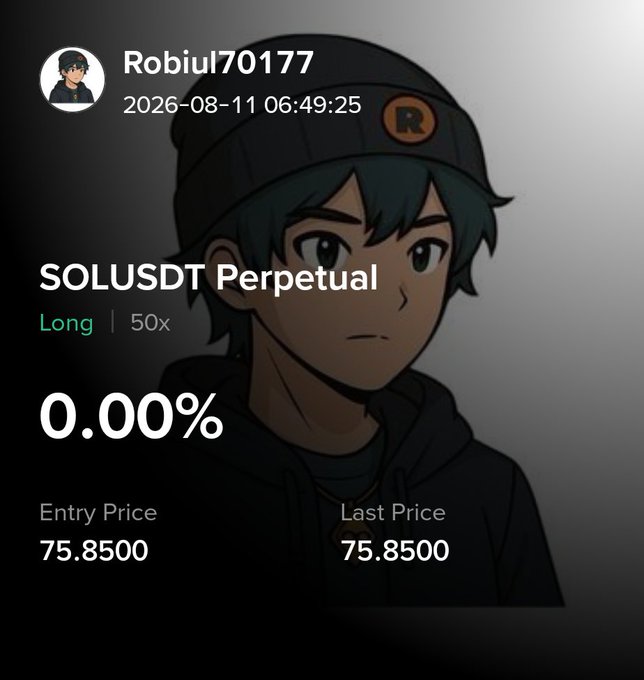 A trading position screenshot from user Robiul70177 showing a SOLUSDT Perpetual Long at 50x leverage with 0.00% PnL, entry and last price at 75.8500.