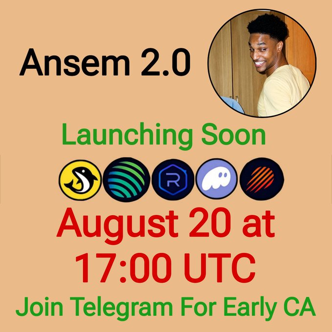 Promotional graphic for “Ansem 2.0” launching August 20 at 17:00 UTC, featuring Solana, Jupiter, Raydium, Telegram, and Bonk logos. It directs viewers to follow @0xMrReza, submit a $SOL wallet for the first 1,500 guaranteed airdrop recipients, and join Telegram at t.me/Ansem2solana.