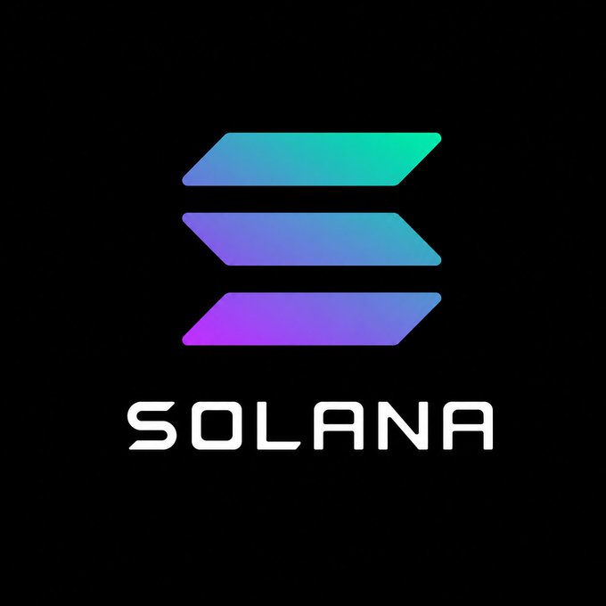 The image features a logo for Solana, which consists of three vertical lines stacked vertically with a purple stripe running through them. The word "Solana" is written below the logo in white text. The background of the image is black, making the colors of the logo stand out prominently.