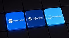 Three blue app icons are displayed on a keyboard, labeled "Inspo pump," "Injective," and "InStarCache."