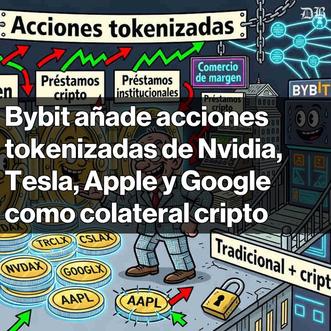 A Spanish-language graphic announcing 'Bybit añade acciones tokenizadas de Nvidia, Tesla, Apple y Google como colateral cripto', showing illustrations of tokenized stocks like NVDAX, TSLAX, GOOGLX, and AAPLX alongside a cartoon character and the BYBIT logo.