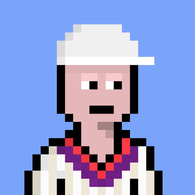 Pixel art portrait of a man with a white cap, dark beard, purple vest, and beige shirt against a blue background.