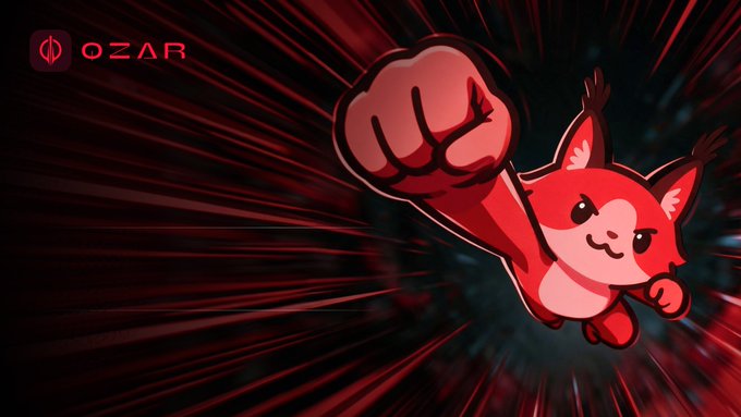 A red cartoon fox character throws a powerful punch forward against a dramatic red-and-black speed-lined background, with the "QZAR" logo and emblem displayed in the top left corner—visually echoing the post's enthusiastic endorsement of the QZAR Solana trading bot's fast, all-in-one performance.