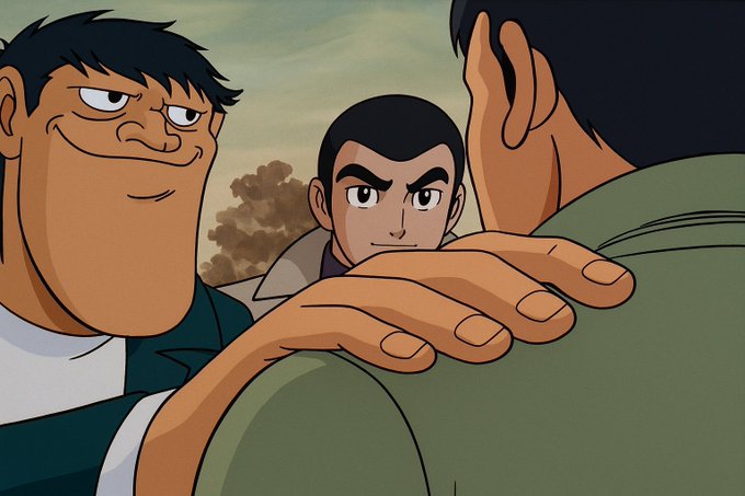 An animated scene shows three cartoon characters, with two men looking at a third whose back is to the viewer.