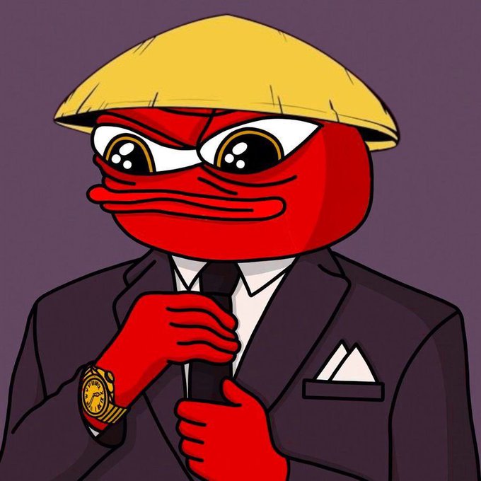 An illustration of a red Pepe the Frog character wearing a suit, adjusting his tie while sporting a gold watch and a yellow bowl-cut hairstyle.