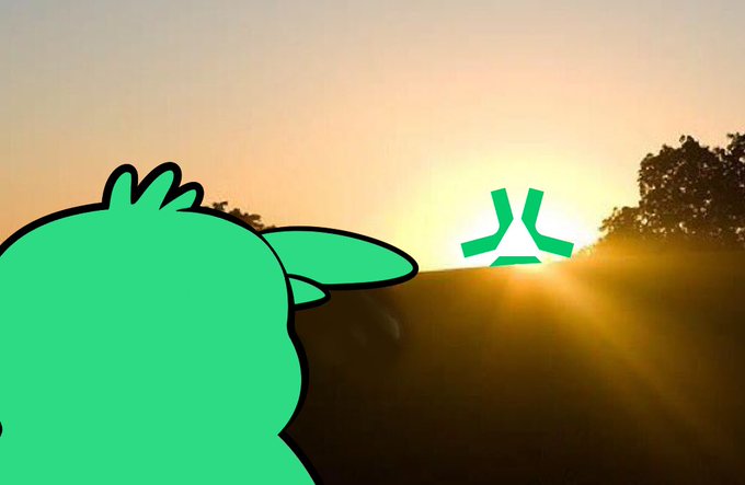 A green cartoon character silhouette watches a sunrise, with a green emoji anger symbol overlaid on the sun.