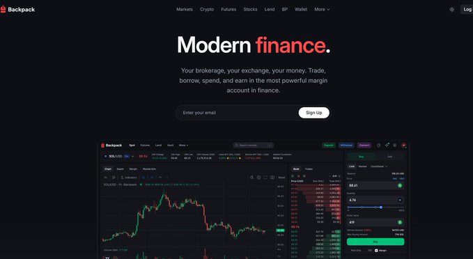 A screenshot of Backpack Exchange's website homepage featuring 'Modern finance.' headline, with navigation tabs for Markets, Crypto, Futures, Stocks, and a SOL/USD trading chart.