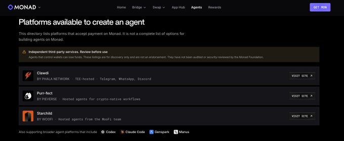A screenshot of the Monad website displaying 'Platforms available to create an agent', listing services like Clawd (by Phala Network), Purr-fect (by Privasea), and Starghid (by Woofi), with a warning about 'Independent third-party services'.
