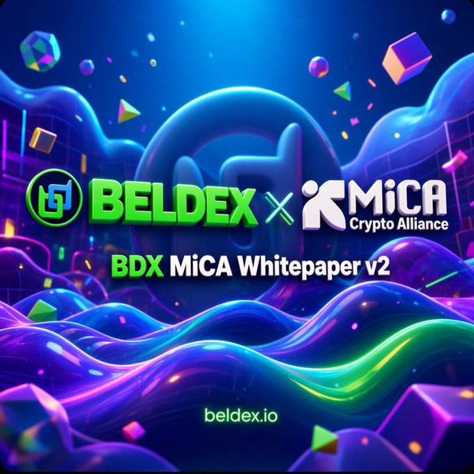 A vibrant digital graphic promoting "BELDEX x MiCA Crypto Alliance" with the title "BDX MiCA Whitepaper v2" and the website "beldex.io" displayed against a blue and purple neon background.